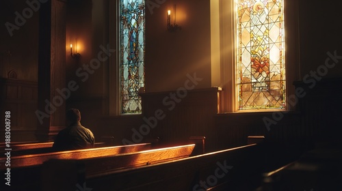 pew. Peaceful church interior with warm stained glass light, single person in prayer, atmospheric setting. event programs, museum guides, designed for cultural heritage projects and event programs.