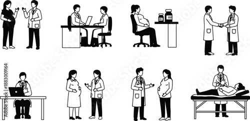 Black and white vector illustration of a pregnant woman during medical consultations with a doctor, pregnancy healthcare checkup and obstetric clinical visit, isolated