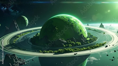 Spectacular green planet with rings and y terrain floating in deep space.