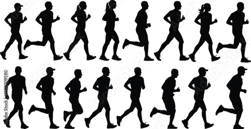 Vector illustration of running icon set with sixteen silhouette figures in varied athletic postures and motion styles