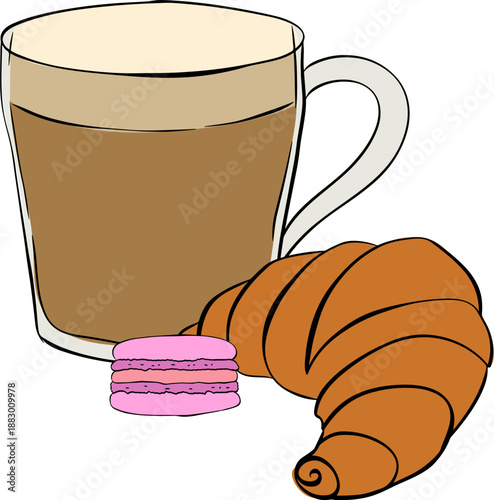 Coffee breakfast. Coffee mug and pastry. Take away bakery food, americano cappuccino espresso. Croissant macaron Cafe composition hand drawn illustration. Vector graphic line ink colored art.
