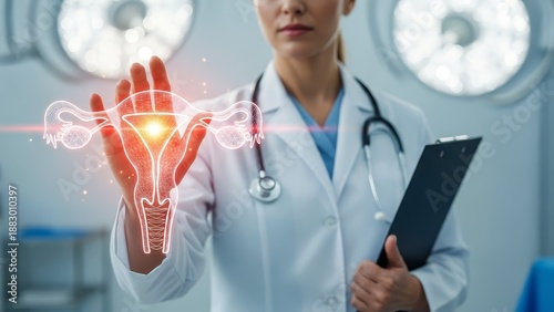 Female doctor touches a glowing digital uterus model, symbolizing women's health technology advancement.