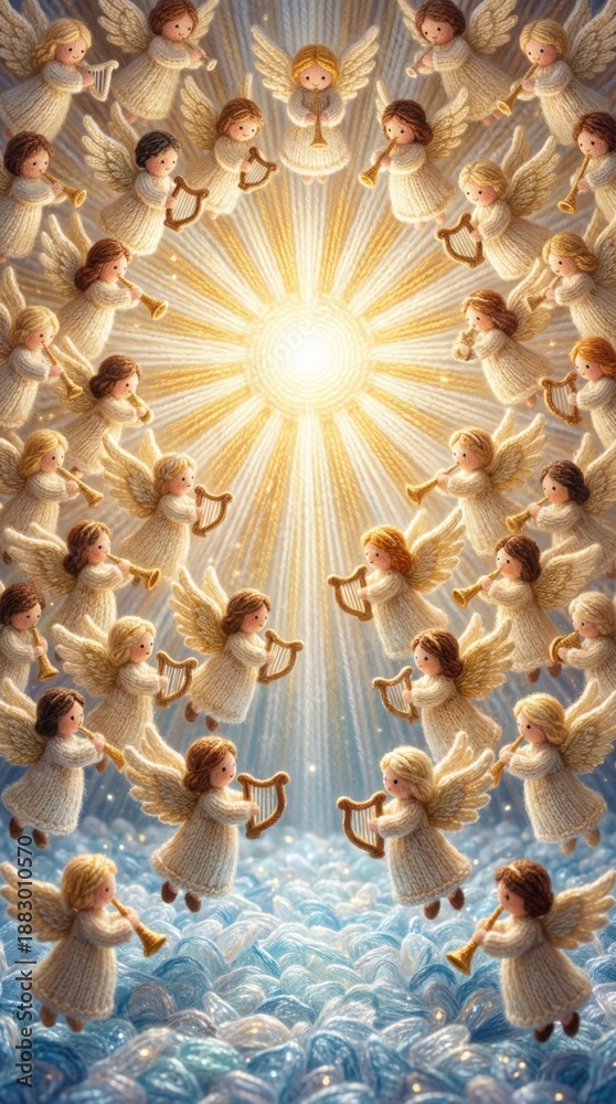 Naklejka premium Knitted angelic choir celebrating with trumpets and harps around a bright light, representing a heavenly scene for Christmas or religious design.