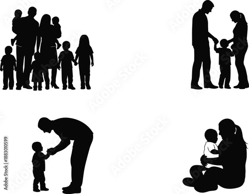 Family care silhouette collection, parents and children bonding, holding hands, nurturing moments, loving relationships, isolated on white background illustration