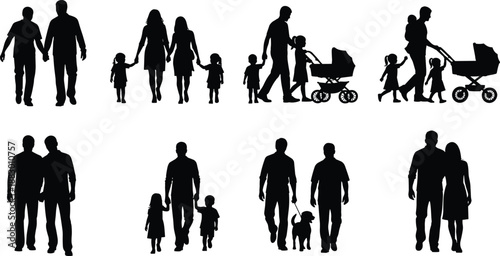Family walking silhouettes set, parents with children and baby stroller, outdoor lifestyle scenes, holding hands together, isolated on white background illustration