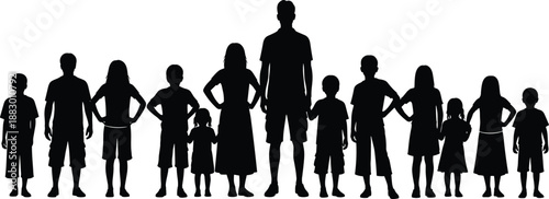 Group of children silhouette illustration, kids standing together in different heights and poses, isolated on white background, unity concept design