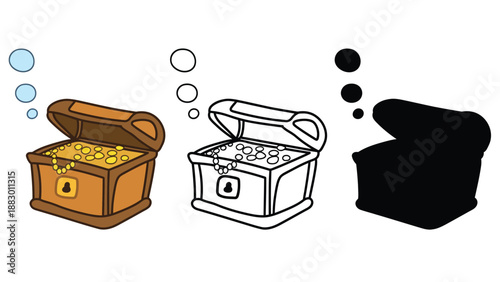 A colorful illustration of three treasure chests in different stages of completion.
