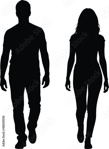 Vector illustration of walking duo icon with two human silhouettes in frontal stride posture and minimalistic style