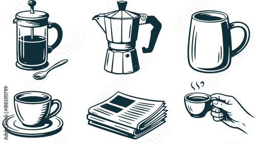 A collection of coffee cups and brewing equipment with a newspaper