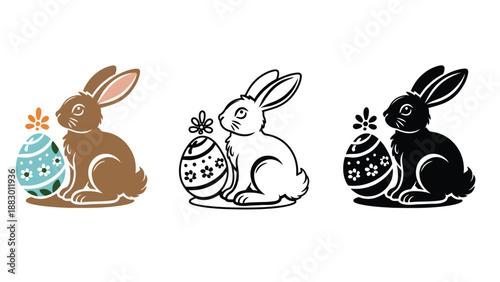 Three Easter bunnies with decorated eggs in brown, black and white colors.