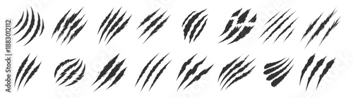 Animal claw scratches mark set, cat tiger paw scratch shape, easy editable vector illustration isolated on transparent background