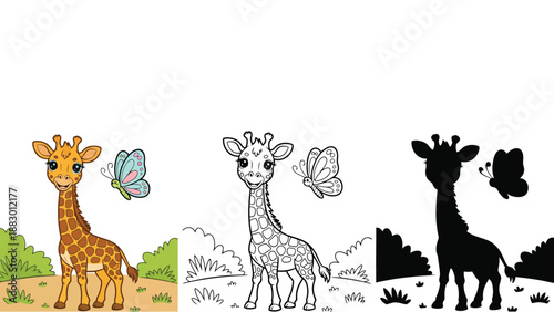 A colorful illustration of a giraffe and butterfly in different artistic styles together