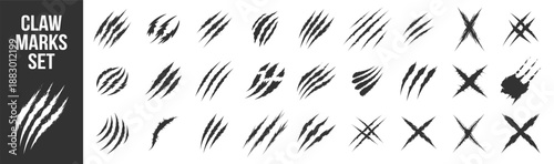 Claw scratch marks set, grunge slash damage collection, abstract ripped torn scratches vector silhouettes on transparent background