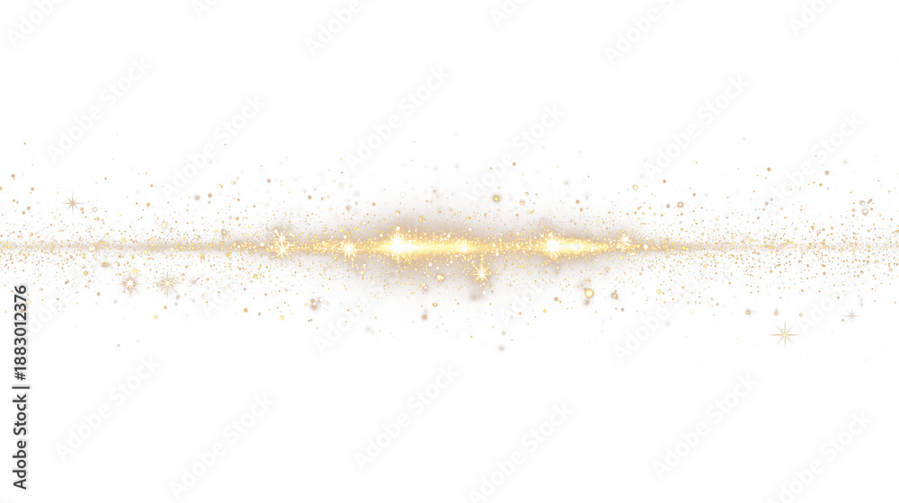 Naklejka premium Golden Glitter Light Burst with Sparkling Particles (PNG Overlay). Bright horizontal gold glitter burst with sparkling dust and star flare. Luxury festive light effect isolated