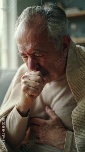 Illness elderly man coughing and holding chest while sitting on sofa at home wrapped in blanket.