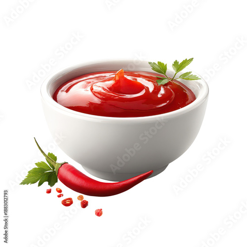 Ketchup in a white bowl with fresh chili and parsley on a plain background