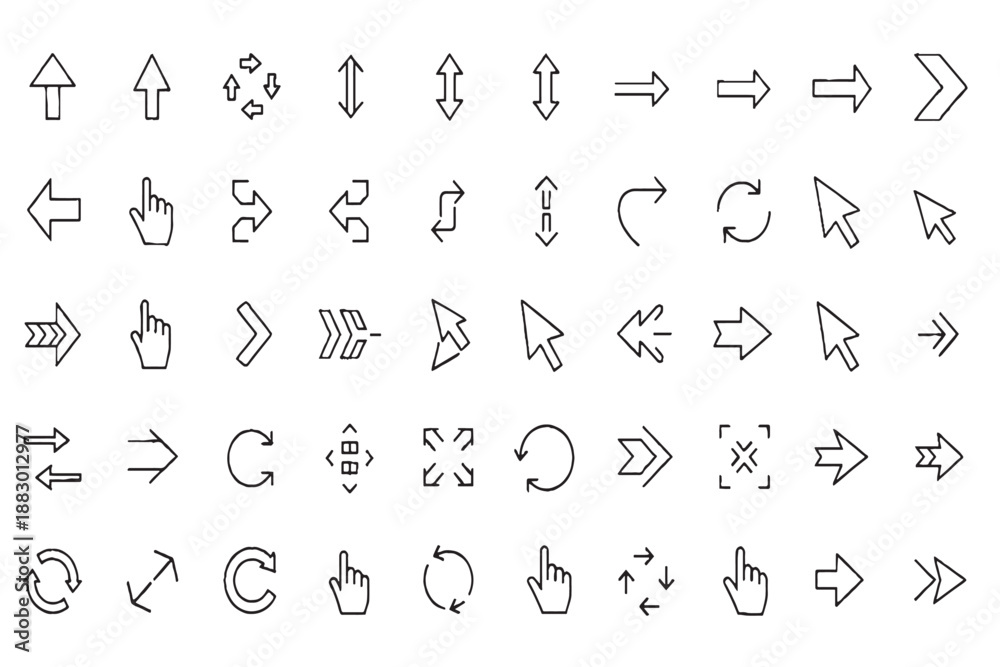 Fototapeta premium Outline Arrow and Cursor Icon Set on White Background
