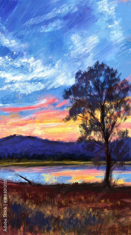 Fototapeta premium Impressionistic Landscape of a Tree by a Lake at Sunset painting