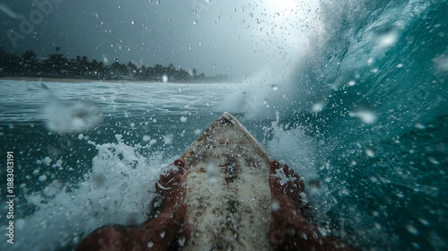 First person surfer view on board entering wave, ocean spray, speed, stormy energy, motion, adrenaline, tropical coastline ahead.
