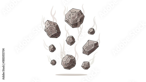 Dynamic illustration of cartoon-style falling space rocks creating smoky trails. This vibrant depiction shows cosmic debris hurtling through a