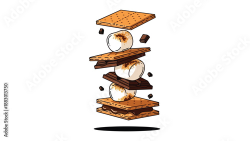 Delectable floating s'mores ingredients capturing the essence of campfire treats and delightful sweet confectionary moments in a playful cartoon