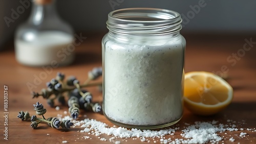 shallow. A glass jar of pale green bath salts with lavender and lemon slices. bar promotions, beverage menus, designed for food & beverage menus and cafe branding, used by researchers.