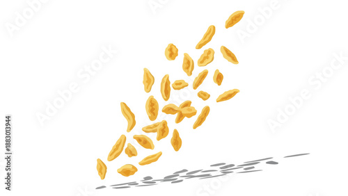 Golden yellow irregular snack pieces are captured in a dynamic downward cascade against a clean bright white background, illustrating a vibrant food