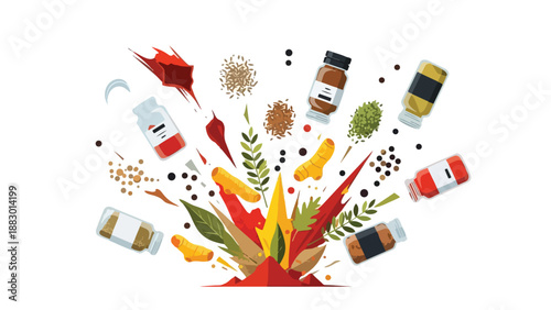 Dynamic burst of aromatic culinary spices and healthful herbs illustrating cooking ingredients