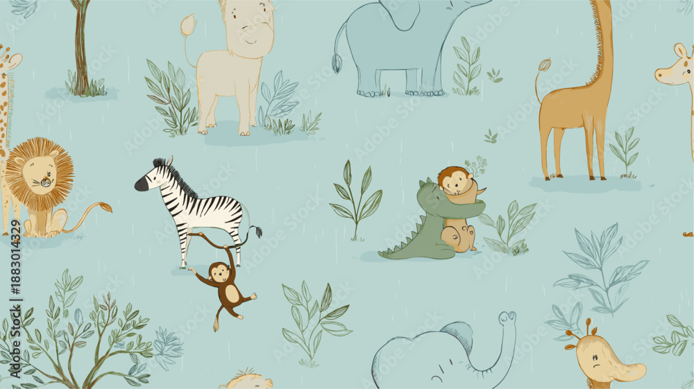 Fototapeta premium Safari animals pattern with giraffes, elephants, and lions on a light blue background. Cute cartoon jungle animals seamless pattern