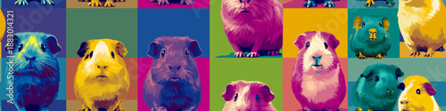Nine cute guinea pigs in a colorful pop art distinct grid pattern. Pop art guinea pig distinct pet portraits grid