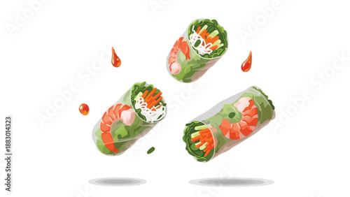 Vibrant Vietnamese summer rolls, elegantly presented with plump shrimp, crisp vegetables, and a tantalizing dipping sauce, embodying fresh, healthy,