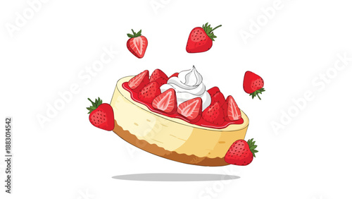 A cheerful illustration of a delectable strawberry cheesecake, gracefully adorned with juicy red strawberries and a dollop of pristine whipped