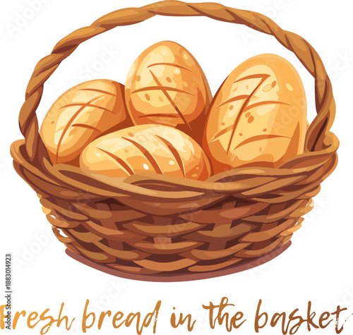 Charming cartoon-style vector illustration of basket filled with fresh, golden baguettes, with wholesome rustic bakery vibe. Organic bread icon isolated on white background, with inviting aroma