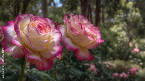 Beautiful pink and cream roses blooming in a serene garden setting, showcasing nature's elegance and vibrant colors