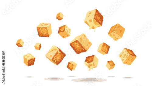 Dynamic collection of golden crisp bread cubes or melted cheese chunks floating in mid-air on a bright white background, illustrating culinary