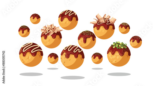 Golden takoyaki balls, artfully topped with rich brown sauce, delicate bonito flakes, and fresh green onions, dynamically floating on a pristine