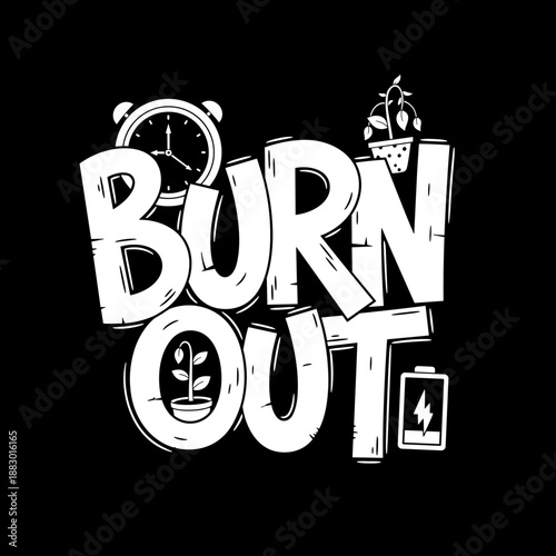 Burnout concept with clock and battery icons.