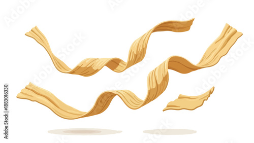 Floating golden ribbon pasta strips gracefully dance and swirl in an ethereal manner against a clean white background, showcasing culinary elegance