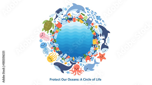 A vibrant illustration depicting marine life and plastic pollution in a circular design, emphasizing ocean protection and the interconnectedness of nature.