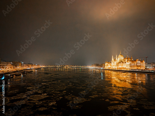 Budapest Parliament at Night in Freezing Winter, Budapest Hungary