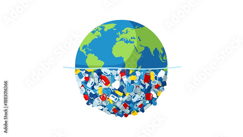 Illustration depicting the Earth's upper half as a clean globe and its lower half filled with colorful plastic waste, symbolizing global pollution.