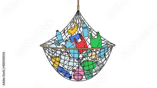 A net full of various plastic waste items like bottles and bags, symbolizing environmental pollution.