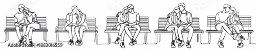 line art of a couple embracing intimately on a park bench
