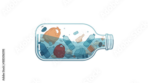 Illustration of a glass bottle filled with water and various plastic waste items, symbolizing ocean pollution and environmental damage.