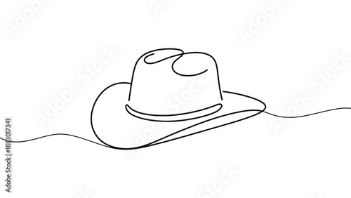 minimal line art hat illustration, simple outline cowboy hat on surface, modern hand drawn fashion accessory concept design
