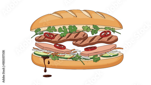 Vibrant illustration of a delectable Vietnamese baguette sandwich with fresh ingredients and rich flavors. This appealing culinary artwork