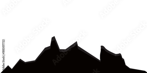 Mountain silhouette.Ridge peak, cliff massif, terrain and canyon landscape. Black outline minimal mountains shape for banner, poster, presentation, border.