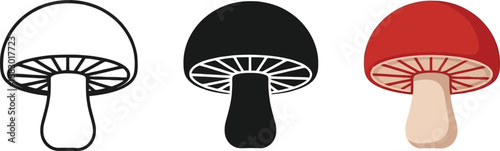 Collection of mushroom icons in outline silhouette and color styles representing nature and foraging concepts for graphic design
