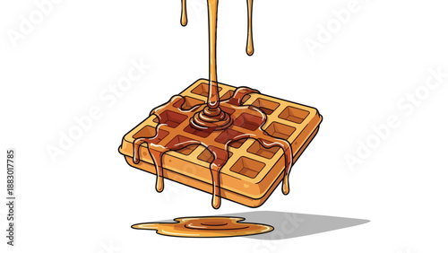 Delicious golden waffle generously covered in a flowing river of sweet amber syrup isolated on a crisp white background a delightful breakfast