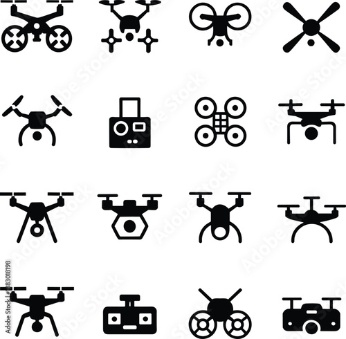 Drone icon set collection with quadcopter silhouettes, remote controllers and aerial technology symbols isolated on white background for UI, app and infographic design